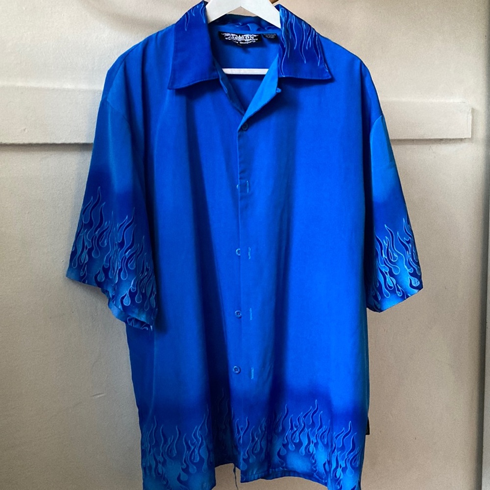Y2K Guy Fieri style button up Dragonfly XXL blue flame print